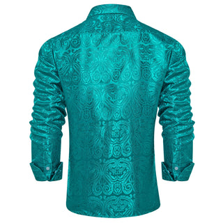 Dark Cyan Paisley Silk Long Sleeve Shirt