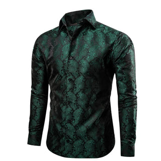 Dark Green Paisley Long Sleeve Silk Long Sleeve Shirt