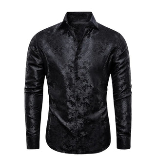 New Black Floral Silk Long Sleeve Shirt