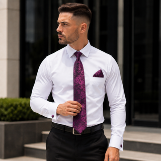 New Deep Purple Floral Silk Necktie Pocket Square Cufflinks Set