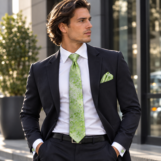 Spring Green Floral Silk Necktie Pocket Square Cufflinks Set