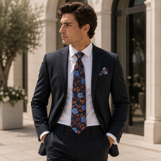 New Blue Orange Floral Silk Necktie Pocket Square Cufflinks Set
