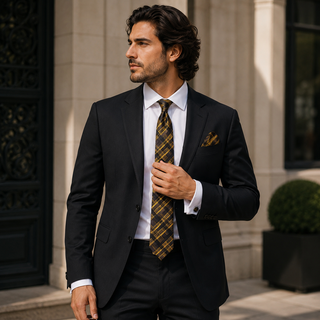 Brown Yellow Stripe Plaid Silk Necktie Pocket Square Cufflinks Set