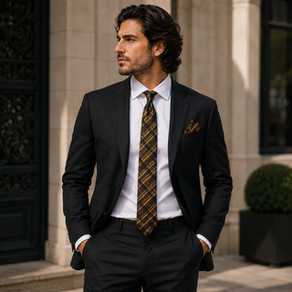 Brown Yellow Stripe Plaid Silk Necktie Pocket Square Cufflinks Set