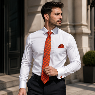Burnt Orange Plaid Silk Necktie Pocket Square Cufflinks Set