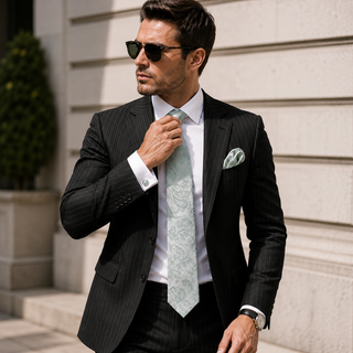 Green Silver Paisley Silk Necktie Pocket Square Cufflinks Set