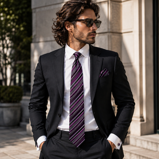 Purple Black White Striped Silk Necktie Pocket Square Cufflinks Set