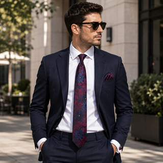 Red Blue Floral Paisley Silk Necktie Pocket Square Cufflinks Set