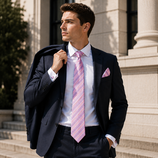 Pink Blue Striped Silk Necktie Pocket Square Cufflinks Set