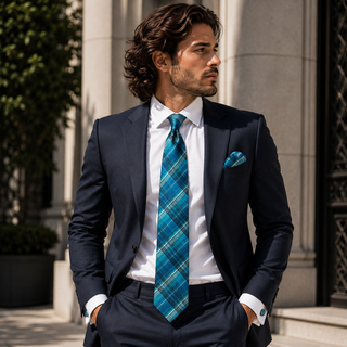 Turquoise Blue Striped Plaid Silk Necktie Pocket Square Cufflinks Set