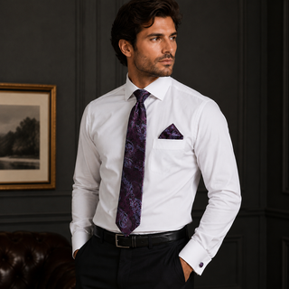 New Purple Paisley Silk Men's Necktie Pocket Square Cufflinks Set