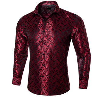 Burgundy Red Floral Silk Long Sleeve Shirt