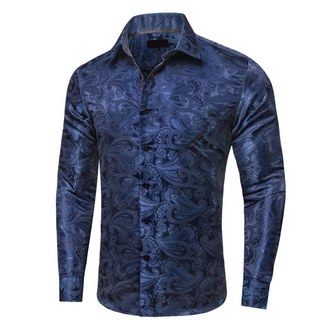 Dark Midnight Blue Floral Silk Long Sleeve Shirt