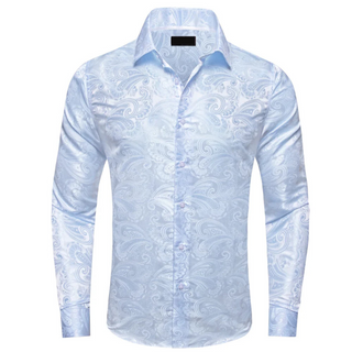 New Sky Blue Floral Silk Long Sleeve Shirt