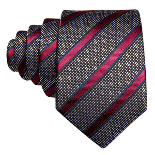 Grey Tie Red Stripe Silk Necktie Pocket Square Cufflinks Set