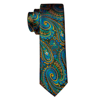 Blue Green Gold Paisley Silk Necktie Pocket Square Cufflinks Set
