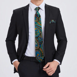 New Green Yellow Paisley Silk Necktie Pocket Square Cufflinks Set