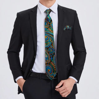 Blue Green Gold Paisley Silk Necktie Pocket Square Cufflinks Set