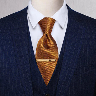 Golden Woven Solid Silk Single Necktie with Golden Clip