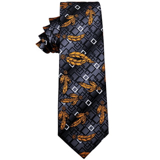 Dark Grey Golden Feather Novelty Silk Single Necktie with Golden Clip