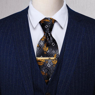 Dark Grey Golden Feather Novelty Silk Single Necktie with Golden Clip