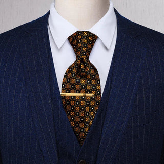 Black Golden Polka Dot Silk Single Necktie with Golden Clip