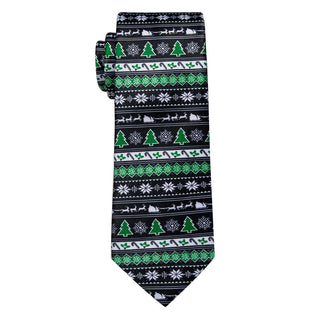 Black Green Christmas Tree Novelty Single Silk Necktie with Golden Clip