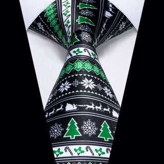 Black Green Christmas Tree Novelty Single Silk Necktie with Golden Clip