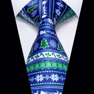Blue Green Christmas Tree Novelty Single Silk Necktie with Golden Clip