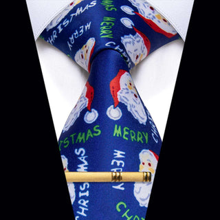 Blue Santa Claus Christmas Single Silk Necktie with Golden Clip