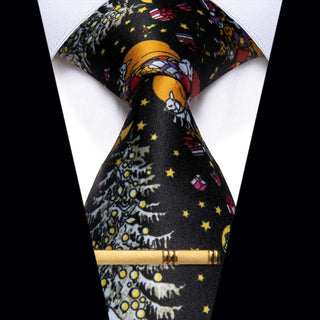 Black White Novelty Christmas Single Silk Necktie with Golden Clip