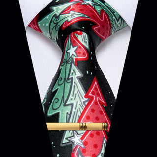 Black Colourful Christmas Tree Single Silk Necktie with Golden Clip