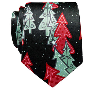 Black Colourful Christmas Tree Single Silk Necktie with Golden Clip
