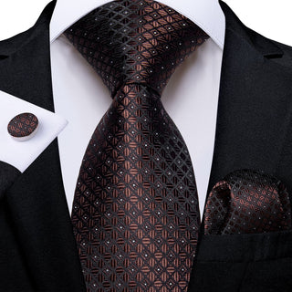 New Pecan Brown Dot Silk Necktie Pocket Square Cufflinks Set