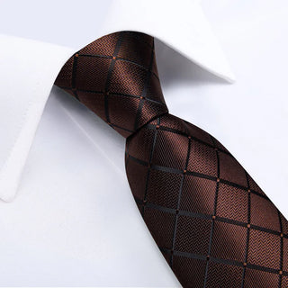 New Brown Plaid Silk Necktie Pocket Square Cufflinks Set