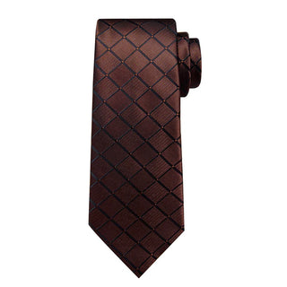 New Brown Plaid Silk Necktie Pocket Square Cufflinks Set