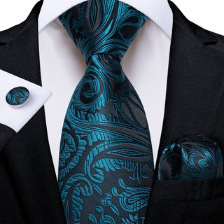 Deep Teal Paisley Silk Necktie Pocket Square Cufflinks Set