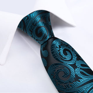 Deep Teal Paisley Silk Necktie Pocket Square Cufflinks Set