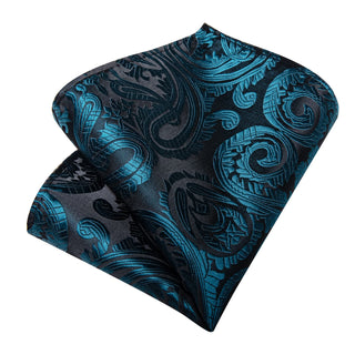 Deep Teal Paisley Silk Necktie Pocket Square Cufflinks Set