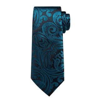 Deep Teal Paisley Silk Necktie Pocket Square Cufflinks Set