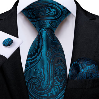 New Teal Blue Paisley Silk Necktie Pocket Square Cufflinks Set