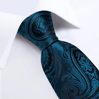 New Teal Blue Paisley Silk Necktie Pocket Square Cufflinks Set