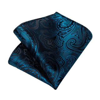 New Teal Blue Paisley Silk Necktie Pocket Square Cufflinks Set