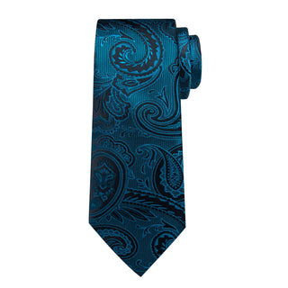 New Teal Blue Paisley Silk Necktie Pocket Square Cufflinks Set