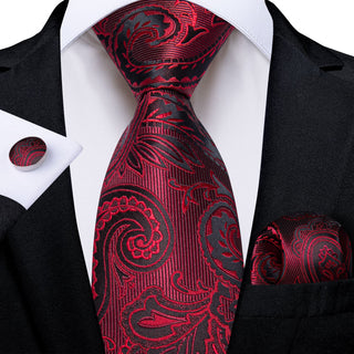 New Red Paisley Silk Necktie Pocket Square Cufflinks Set