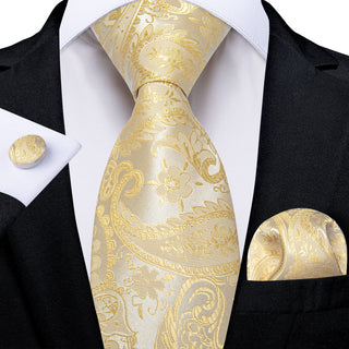 New Yellow Paisley Silk Necktie Pocket Square Cufflinks Set