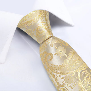 New Yellow Paisley Silk Necktie Pocket Square Cufflinks Set