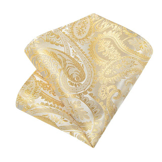 New Yellow Paisley Silk Necktie Pocket Square Cufflinks Set