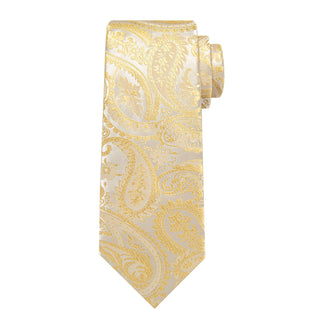 New Yellow Paisley Silk Necktie Pocket Square Cufflinks Set