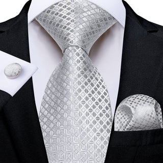 Silver Grey Plaid Silk Necktie Pocket Square Cufflinks Set